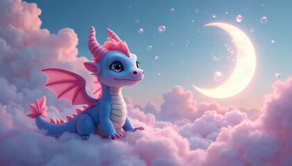 Adorable blue dragon rests on fluffy pink clouds beneath glowing crescent moon. Whimsical digital illustration features cute mythical creature in dreamy sky setting perfect for childrens stories,