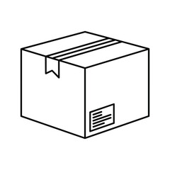 Simple line art icon of a closed cardboard shipping box with tape seal and label, isolated on