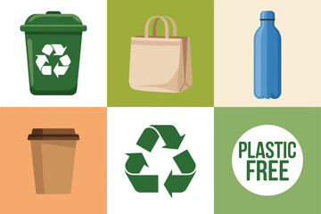 Recycling and plastic free tiles, green bin, canvas bag, water bottle, coffee cup, recycle sign, badge vector