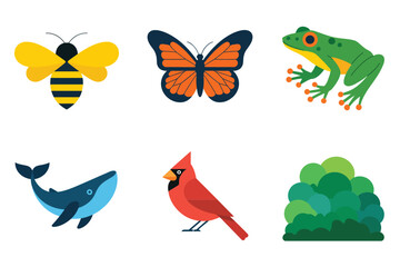 Nature fauna collection, bumblebee, monarch butterfly, bright green frog, graceful whale, cardinal bird, leafy bush, habitat protection vector