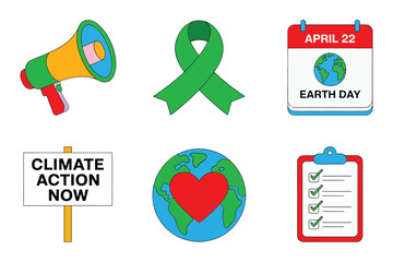 Climate action awareness pack, advocacy megaphone, green ribbon, earth day calendar, heart globe badge, compliance checklist board, vector