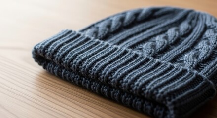 Close-up of a cozy, dark blue-grey cable knit beanie hat with a ribbed cuff resting on a light wooden surface, perfect for winter fashion. illustration