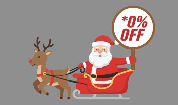 Santa Claus Riding Sleigh with Reindeer Holding Round Discount Sign &ndash; Flat Vector Christmas Illustration