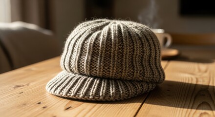Cozy ribbed knit wool beanie cap on a rustic wooden table bathed in warm sunlight, evoking comfort and relaxed autumn winter vibes indoors. illustration