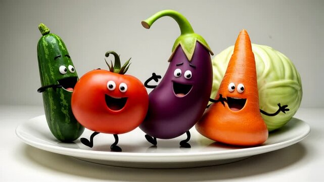 Funny cartoon vegetable characters with happy faces dancing on white plate. Cute animated cucumber, tomato, eggplant, carrot and cabbage with googly eyes in playful healthy eating concept for kids edu