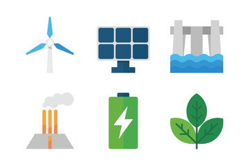 Energy sources icons, wind turbine, solar panel, hydroelectric dam, smokestack pollution, rechargeable battery, green leaf, set
