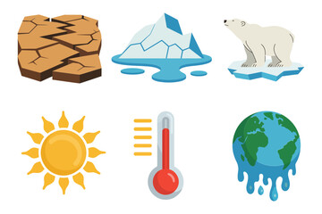 Global warming icon collection, cracked drought ground, melting iceberg, polar bear, radiant sun, thermometer heat, dripping planet vector