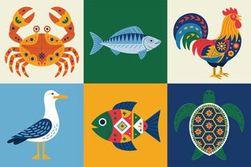 Ocean and wildlife tiles, cheerful crab, blue fish, colorful rooster, seagull standing, patterned fish, decorative turtle vector