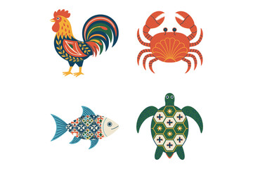 Coastal wildlife collection, crowing rooster, lively crab, glimmering fish, decorative turtle, calm seabird, festive illustrative vector