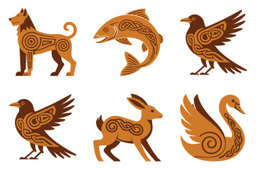 Folk animal motif set, spiral dog, flowing fish, keen bird, nimble rabbit, regal swan, artisan vector