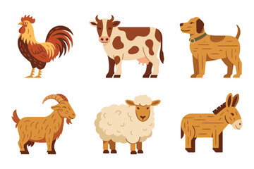 Decorative barnyard animals set, rooster silhouette, dairy cow, playful goat, sturdy horse, fluffy sheep, vintage folk vector