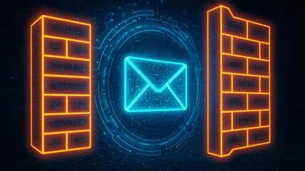 A digital illustration of a mail envelope between two glowing buildings, symbolizing communication and data transfer in modern technology. - Powered by Adobe