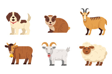 Farm and pasture animals pack, friendly puppies, dairy cow, mountain goat, woolly sheep, cute rustic illustration vector