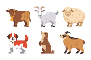 Barnyard lineup illustration, sturdy bull, nimble goats, fluffy sheep, playful puppy, curious piglet, cute farm vector