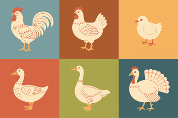 Poultry icons grid, rooster profile, white hen, chick, two geese, turkey silhouette, retro farm illustration set