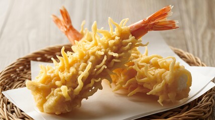 Close up photograph crispy shrimp tempura on woven basket Japanese cuisine light