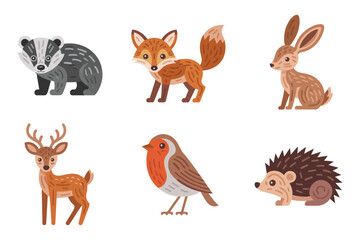 Woodland animals set, striped badger, sly fox, quick rabbit, small deer, red robin, curled hedgehog illustration