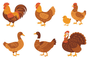 Country poultry lineup, rooster strut, mother hen, baby chick, graceful goose, heavy duck, festive turkey figures