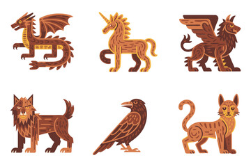 Obraz premium Mythical beasts icons set, winged dragon, proud unicorn, fierce griffin, shaggy lion, wise owl, fantasy vector