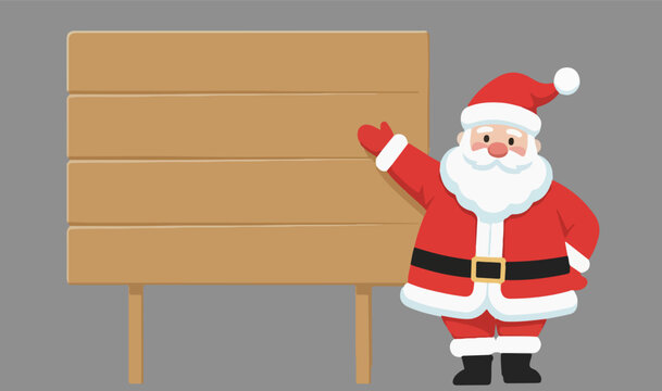 Santa Claus Pointing at Blank Wooden Board &ndash; Flat Vector Christmas Illustration