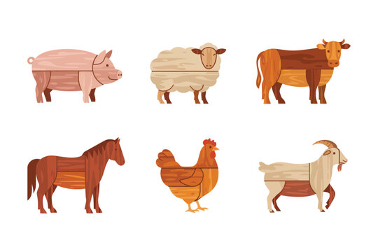 Country barnyard animals, pink pig, wooly sheep, sturdy horse, brown chicken, nimble goat, friendly rustic illustration vector