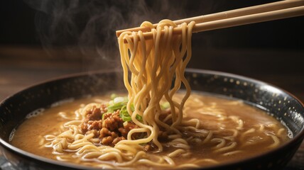 Cinematic close up chopsticks lifting steaming yellow noodles ramen soup bowl