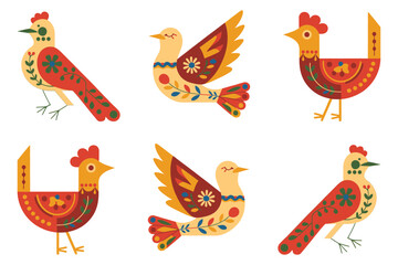 Retro folk bird icons, bright red plumage, floral wing details, whimsical shapes, charming decorative countryside vector