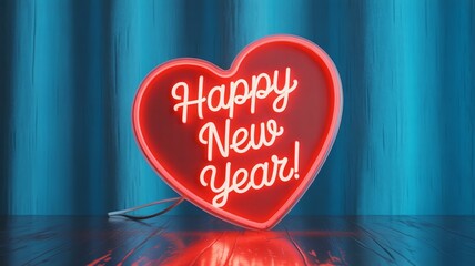 Retro Red Neon Heart Sign with Bold Happy New Year Message Glowing Against a Bright Cyan Blue Curtain Background and Reflective Floor
