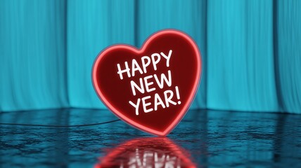 Retro Red Neon Heart Sign with Bold Happy New Year Message Glowing Against a Bright Cyan Blue Curtain Background and Reflective Floor
