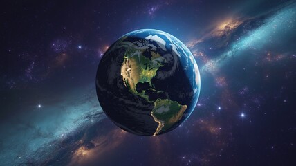 Obraz premium Detailed View of Planet Earth Floating in Deep Space Against a Colorful Cosmic Nebula Background, Highlighting North and South America