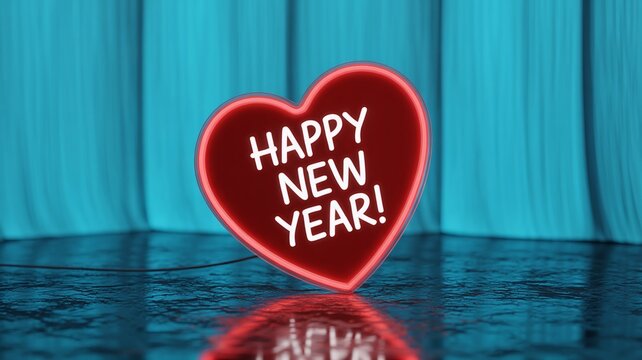 Retro Red Neon Heart Sign with Bold Happy New Year Message Glowing Against a Bright Cyan Blue Curtain Background and Reflective Floor