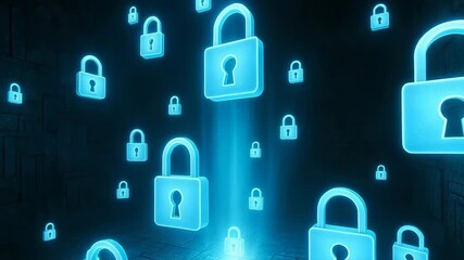 Futuristic representation of digital security with glowing blue locks, symbolizing data protection and cybersecurity advancements. - Powered by Adobe