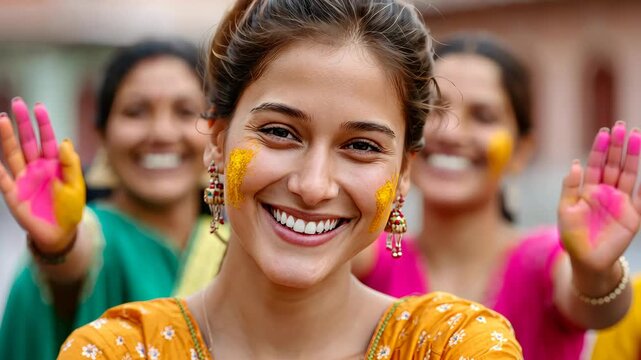 Colorful celebration with smiling faces and vibrant traditional dresses in festive gathering