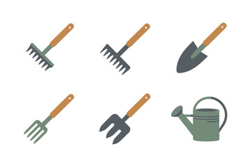 Small garden tools, mini rakes, transplanter trowel, watering can, simple icons collection, lawn care supplies, vector