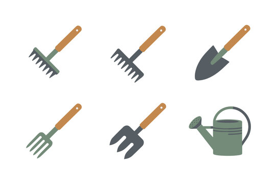 Small garden tools, mini rakes, transplanter trowel, watering can, simple icons collection, lawn care supplies, vector