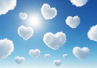 A Dreamy and Surreal Landscape with a Blue Sky Filled with Fluffy, White, Heart-Shaped Clouds