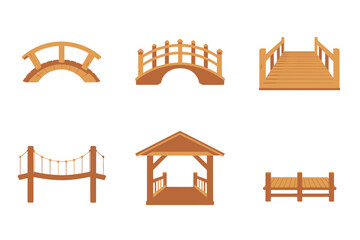 Obraz premium Park structures icons, curved bridge, multi arch span, grand stair bridge, rope walkway, garden gazebo, rustic fence vector