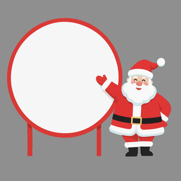 Santa Claus Pointing at Blank Round Board &ndash; Flat Vector Christmas Illustration, for Christmas sales graphics, product mockups, festive posters, winter promotions, holiday announcements, and marketing 
