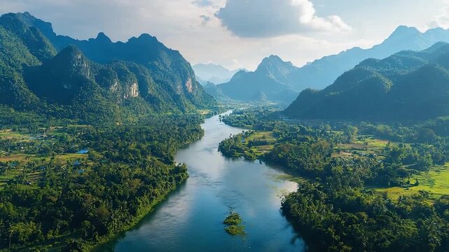 aerial drone footage of nong khiaw river asia video
