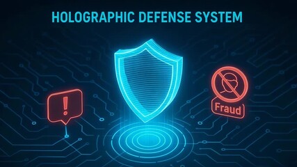 Innovative holographic defense system concept with visual elements emphasizing digital security and fraud prevention.