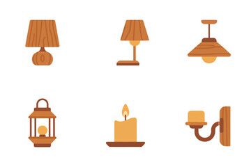 House lighting collection, bedside lamp, desk lamp, hanging pendant, lantern icon, burning candle, wall sconce fixture, vector illustration