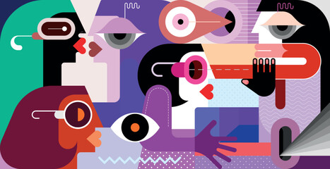 A group of concerned people communicating with each other. Flat design vector illustration, modern art.