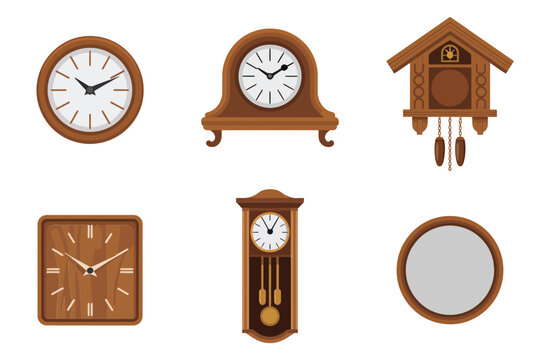 Wooden clock collection, vintage wall clocks, cuckoo and pendulum styles, square timepiece, round mirror accent, rustic decor vector