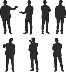 Business professional male silhouettes in various standing poses, corporate concept, leadership posture collection, modern office style, flat vector illustration