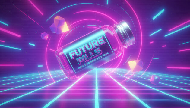 retro neon future pill bottle floating in digital space highlighting sci fi medicine concept, wellness trend, futuristic health innovation theme