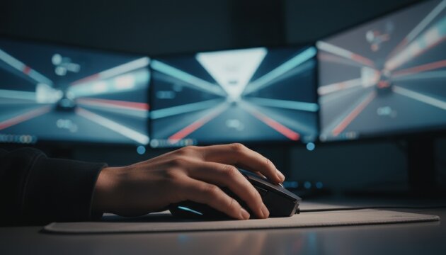 gamer hand on mouse before triple screens showing esports trend, digital competition environment, immersive gaming moment, modern tech culture - Powered by Adobe