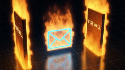 A conceptual image depicting a digital firewall with an email icon surrounded by flames, symbolizing cybersecurity challenges. - Powered by Adobe