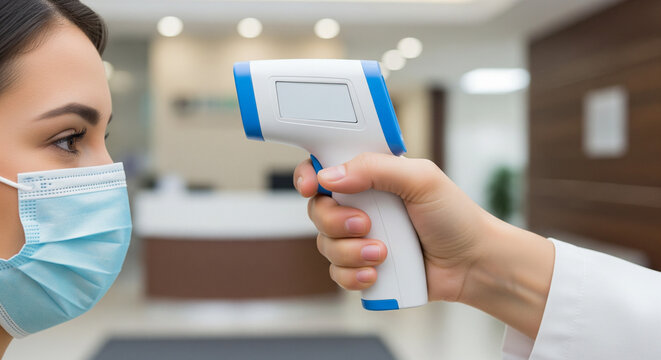 Non-Contact Infrared Thermometer Gun Measuring Body Temperature on Forehead