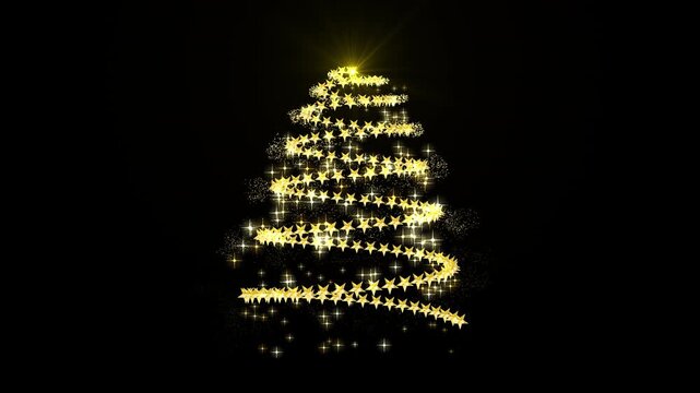 Abstract animated golden Christmas tree formed by christmas stars, with twirling glitter and star particles, festive scene opener, background or overlay, transparent background with alpha channel