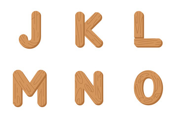 Striped grain wood letters J K L M N O, engraved texture alphabet, rustic craft typography, vector